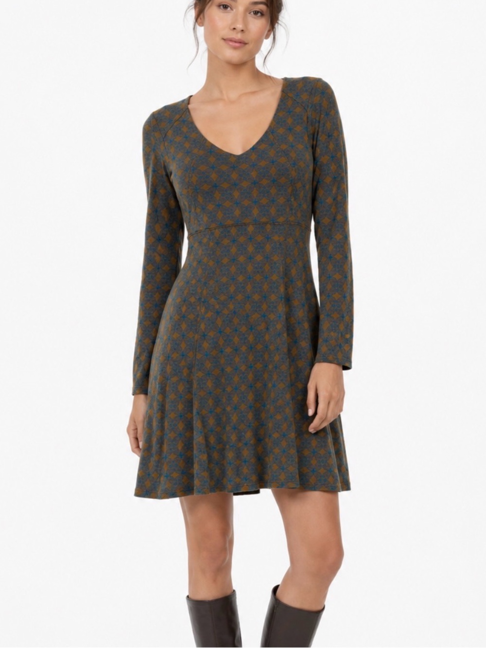 Horny Toad Organic Cotten Lyocell Olive and Teal Long Sleeve V-Neck Dress